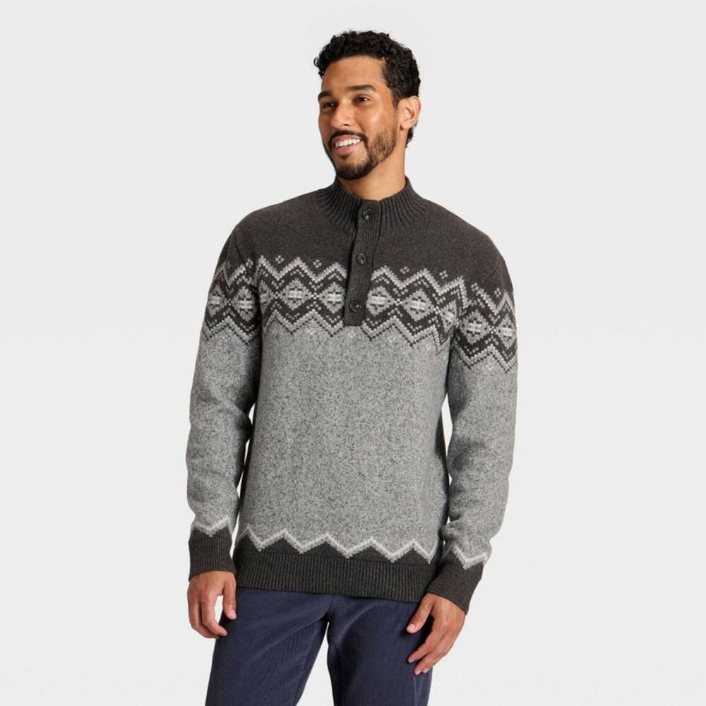 Men's Fair Isle Mock Neck Button Sweater - Goodfellow & Co Gray L